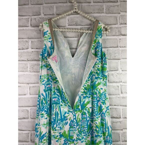 Lilly Pulitzer Janice Shift Dress High Beam Lighthouses Gold Metallic Trim Size - Picture 4 of 10
